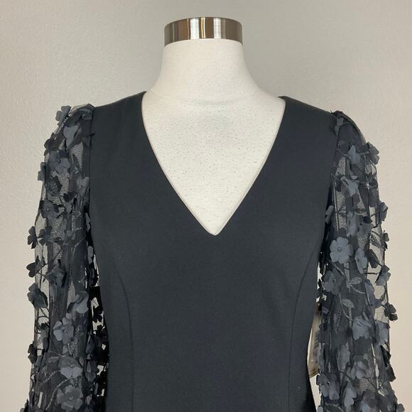 Eliza J Black Long Sleeve Cocktail Dress Size 6 Black 3D Floral Midi Sheath - Picture 7 of 14